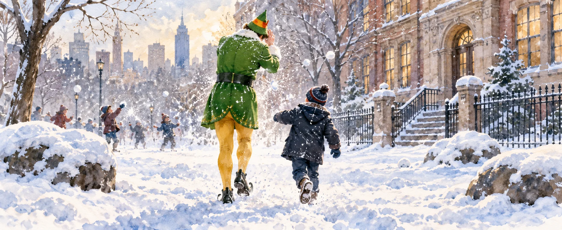 A man in an elf costume runs through a snowy Central Park towards a boy in a winter coat.
