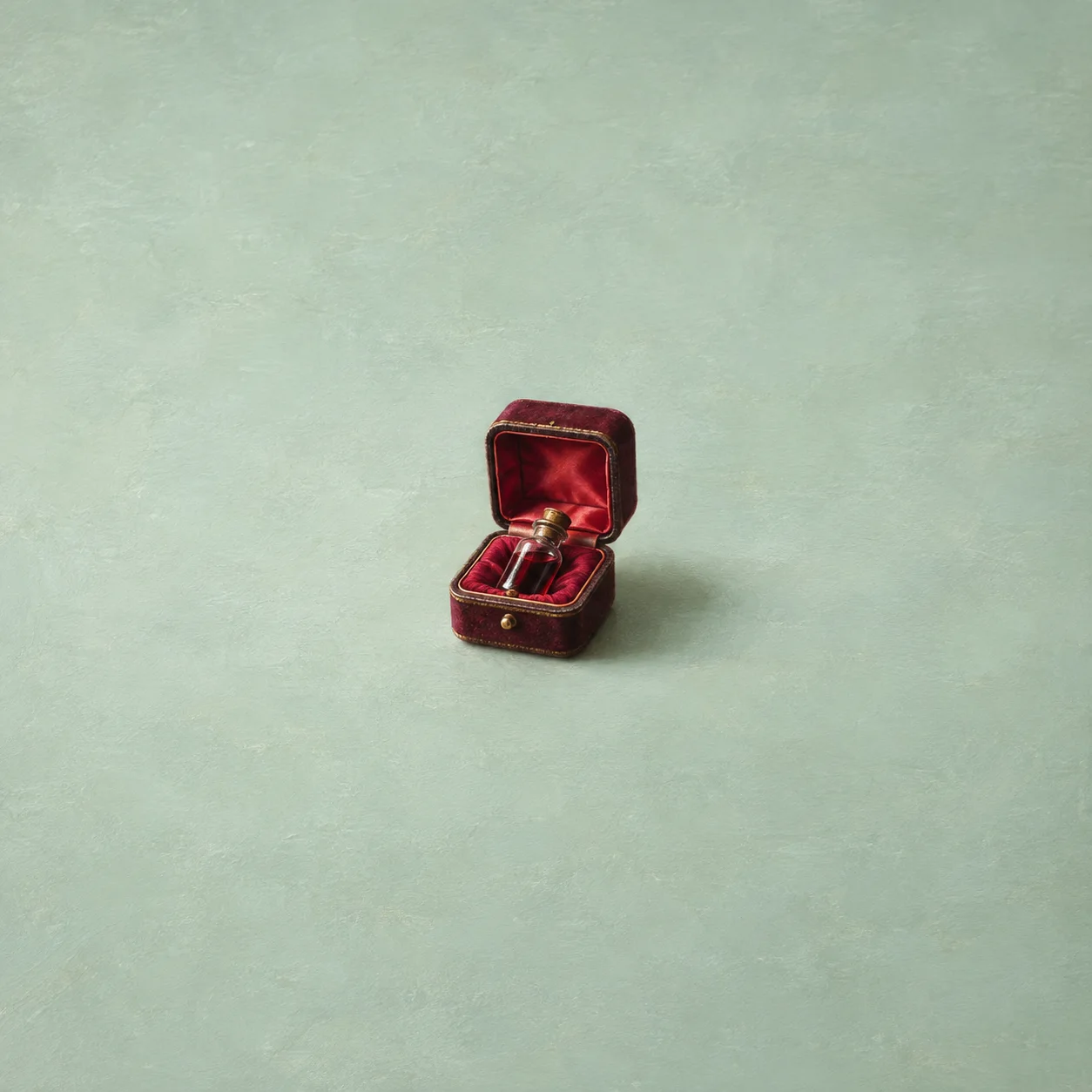 Painterly small stoppered vial resting inside an open red velvet box on pale green.