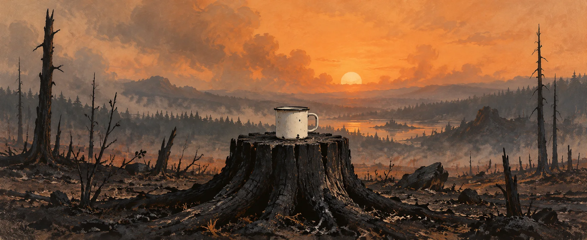 A plain enamel cup sits on a blackened tree stump beneath an orange smoky dawn.
