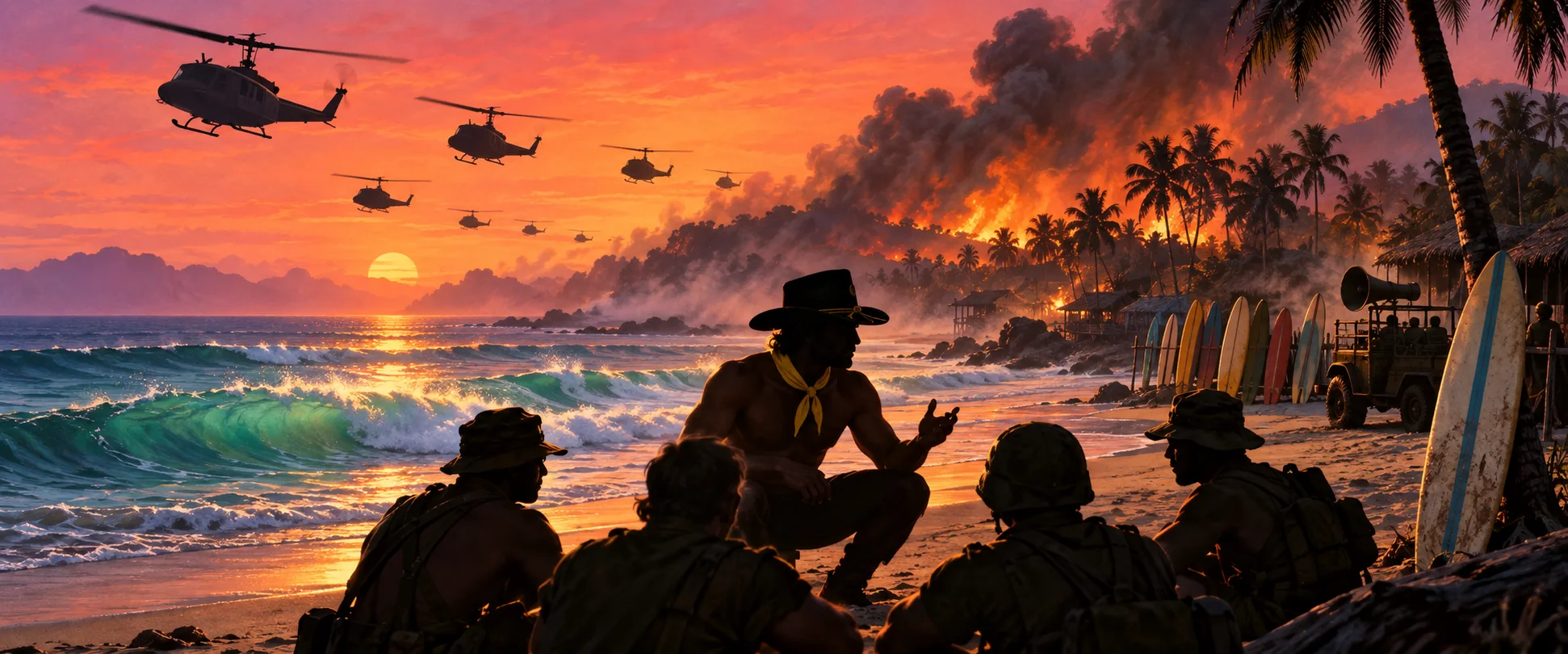 A shirtless officer in a cavalry hat crouches on a beach at sunset talking to his men while helicopters fly over a burning treeline.