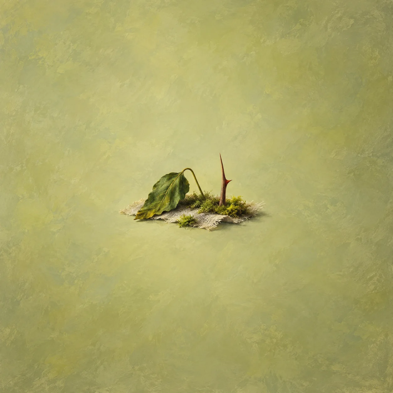 Drooping green leaf beside a single upright rust-colored thorn on woven cloth