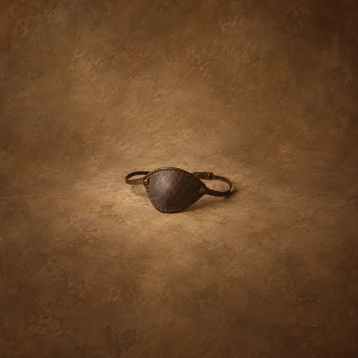 A brown leather eyepatch with a looped strap rests on a dusty sepia surface.