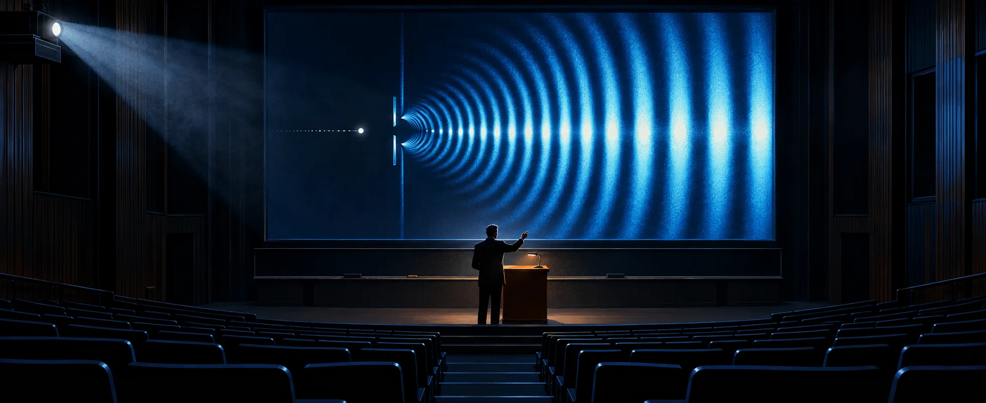 A lecturer stands in a spotlight before a huge screen of rippling blue wave patterns in a dark, empty lecture theatre.