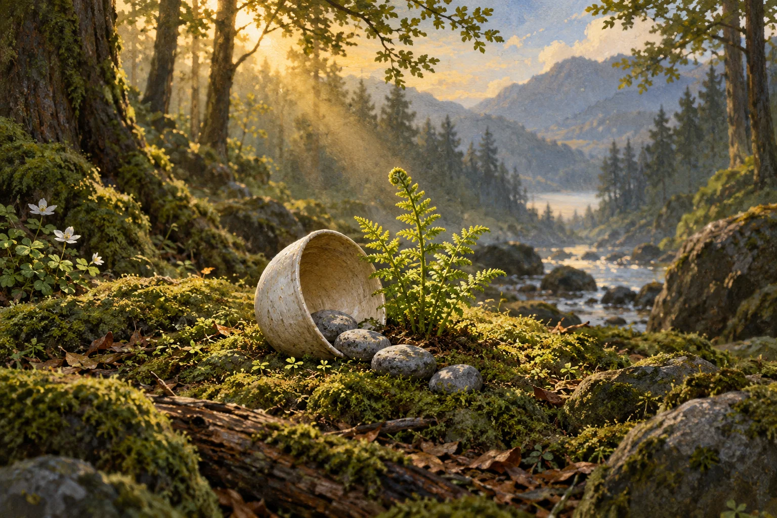 A tipped clay bowl and smooth pebbles sit beside a growing fern in a sunlit forest.
