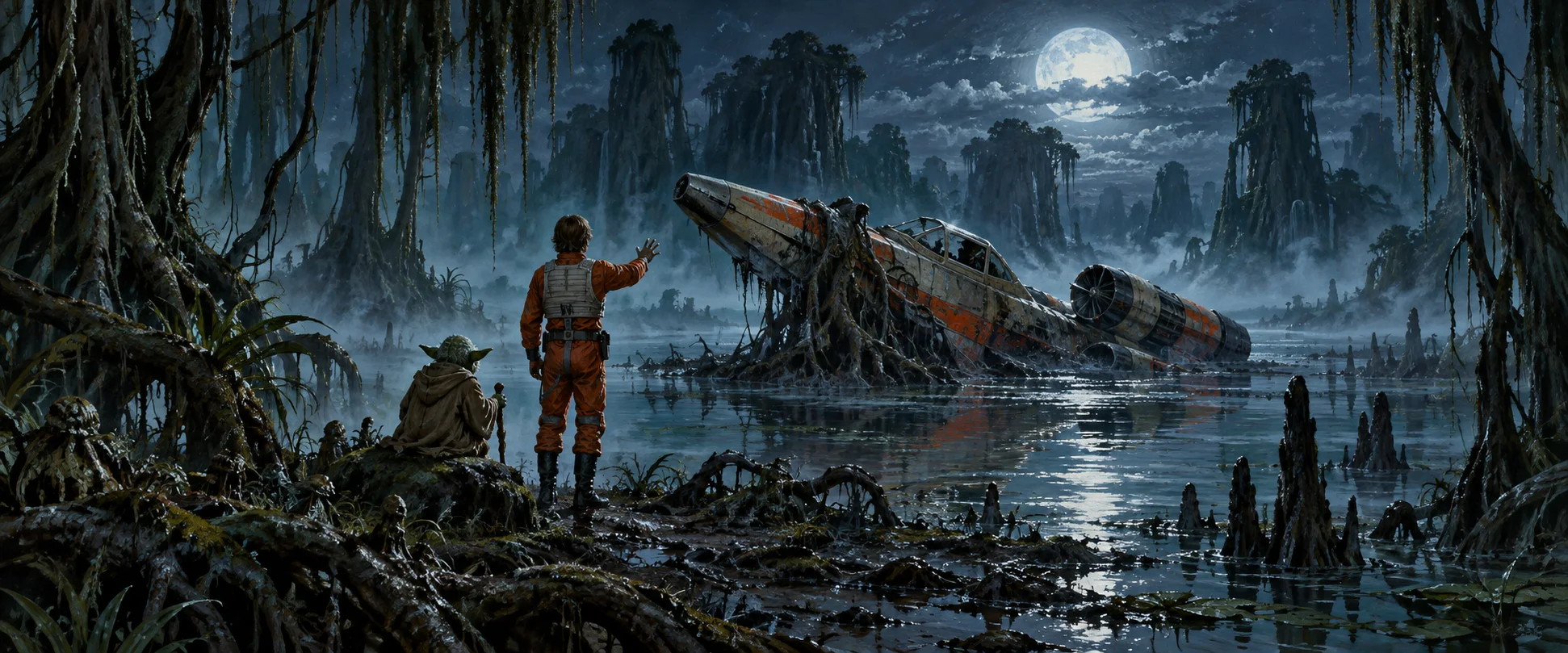 A young pilot points at his starfighter sinking into a moonlit swamp while a tiny green hermit watches from a root.