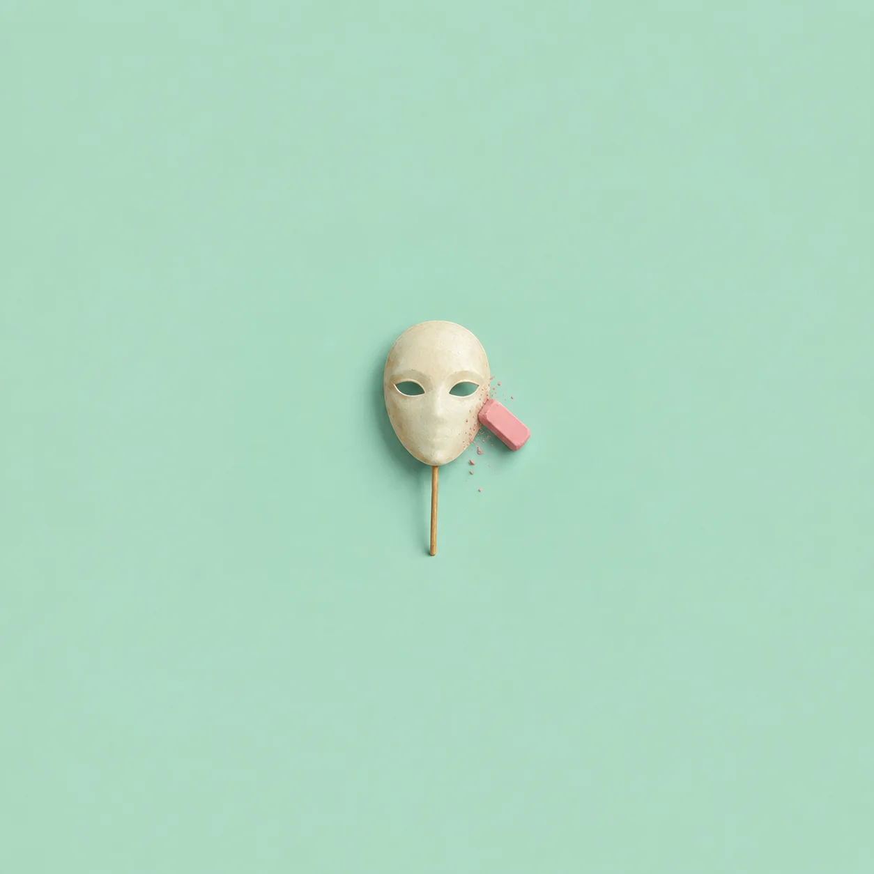 A cream theatrical mask on a stick with a pink eraser beside its cheek against a mint background.