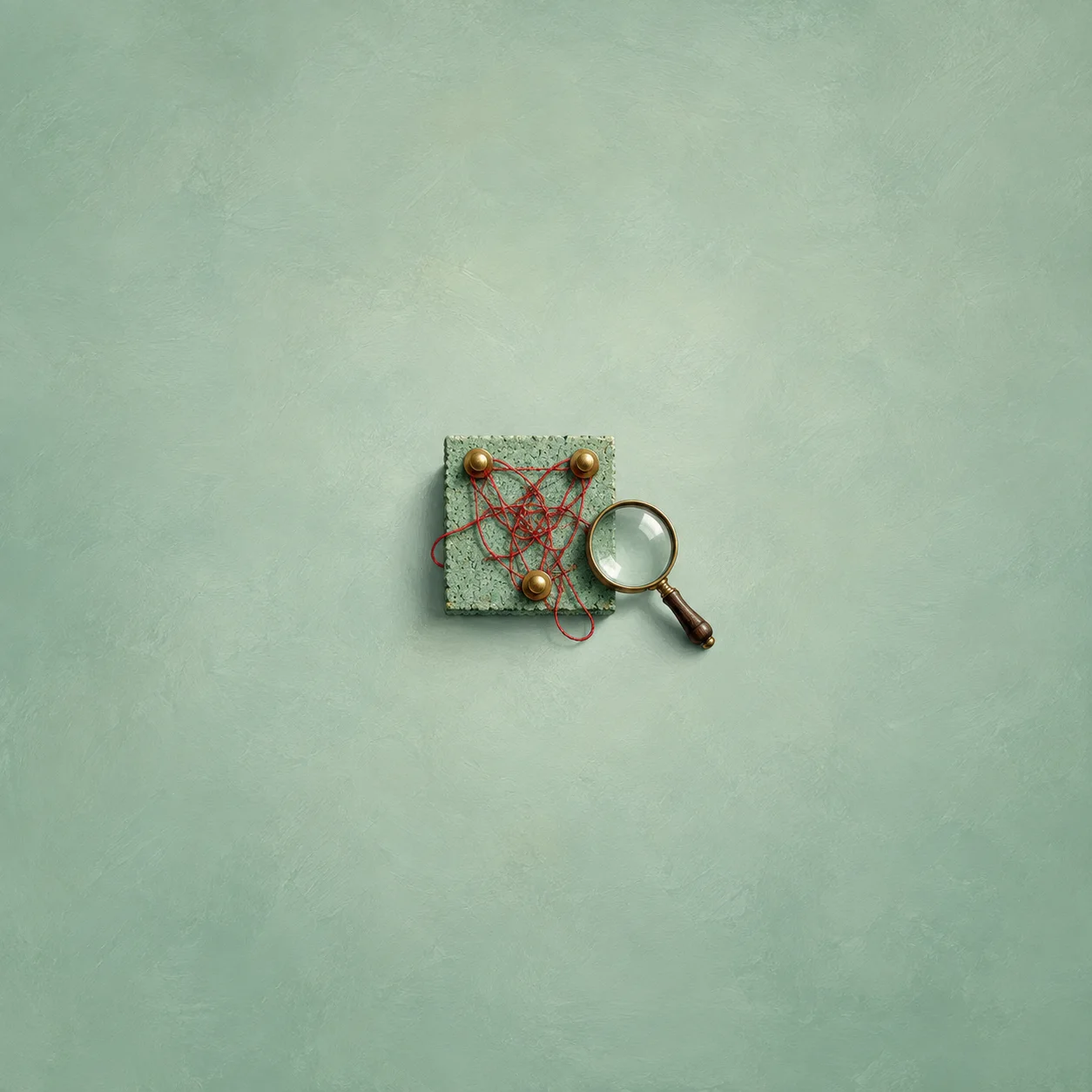 Red thread loops around brass pins on a small green square beside a magnifying glass.