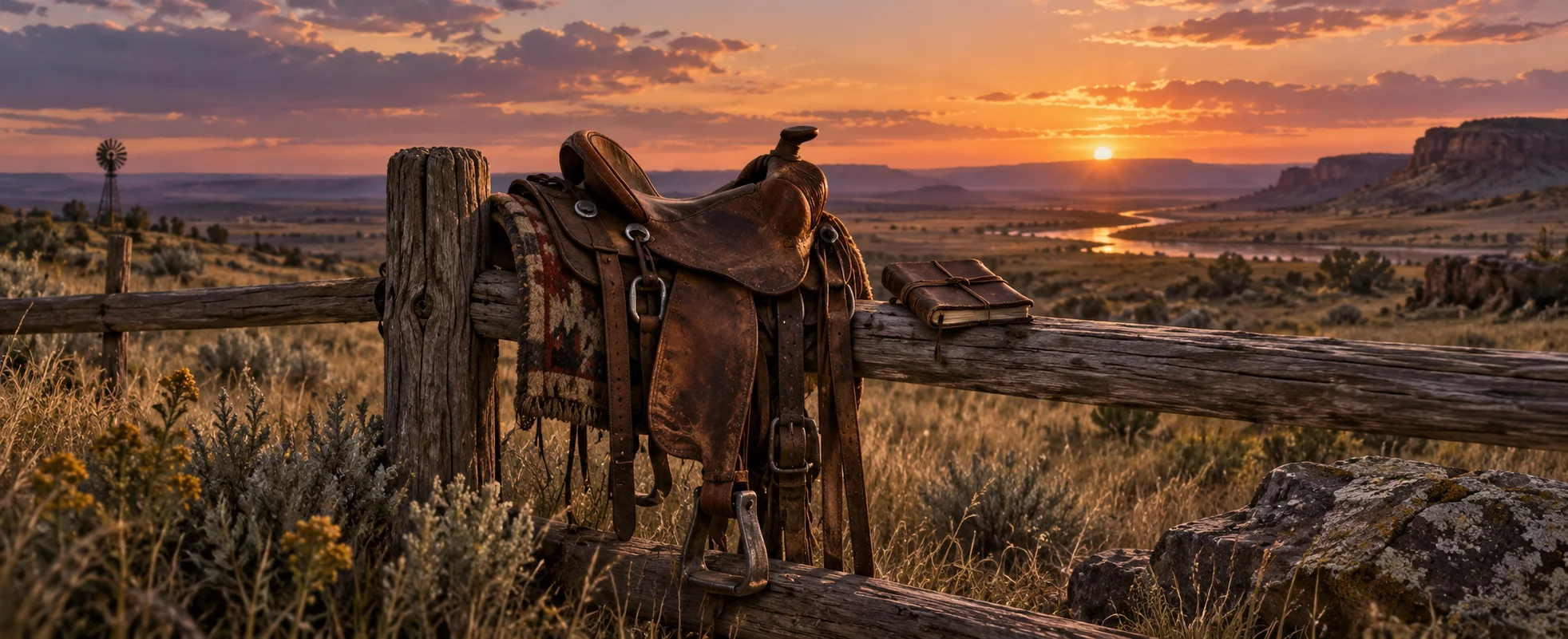 A worn leather saddle hangs over a fence beside a fading prairie sunset.