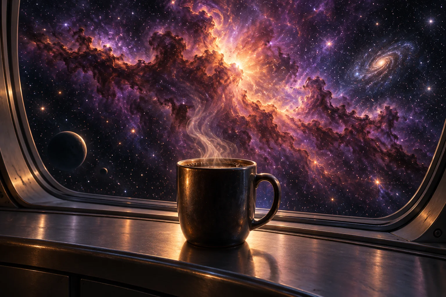 A steaming dark coffee mug sits by an observatory window overlooking a violet and copper nebula.