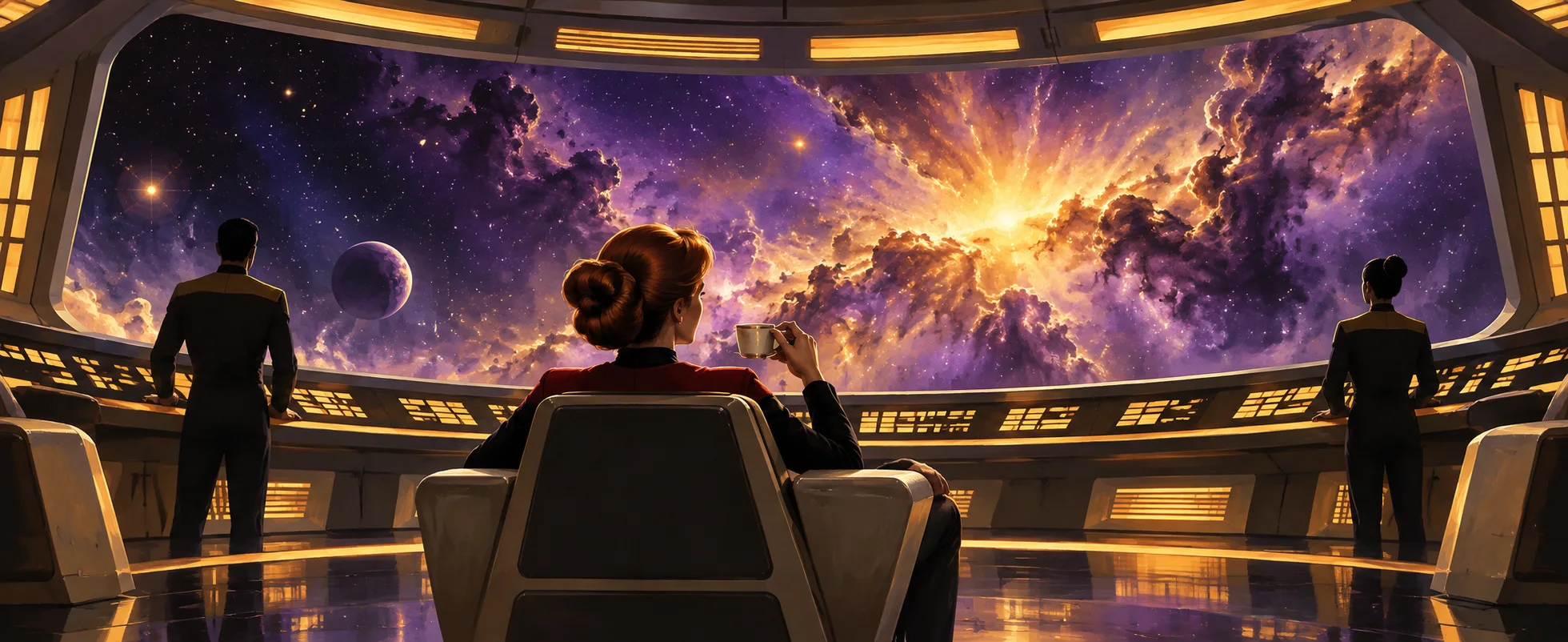 A captain with a coffee cup sits in the command chair facing a glowing violet-and-gold nebula on the viewscreen.