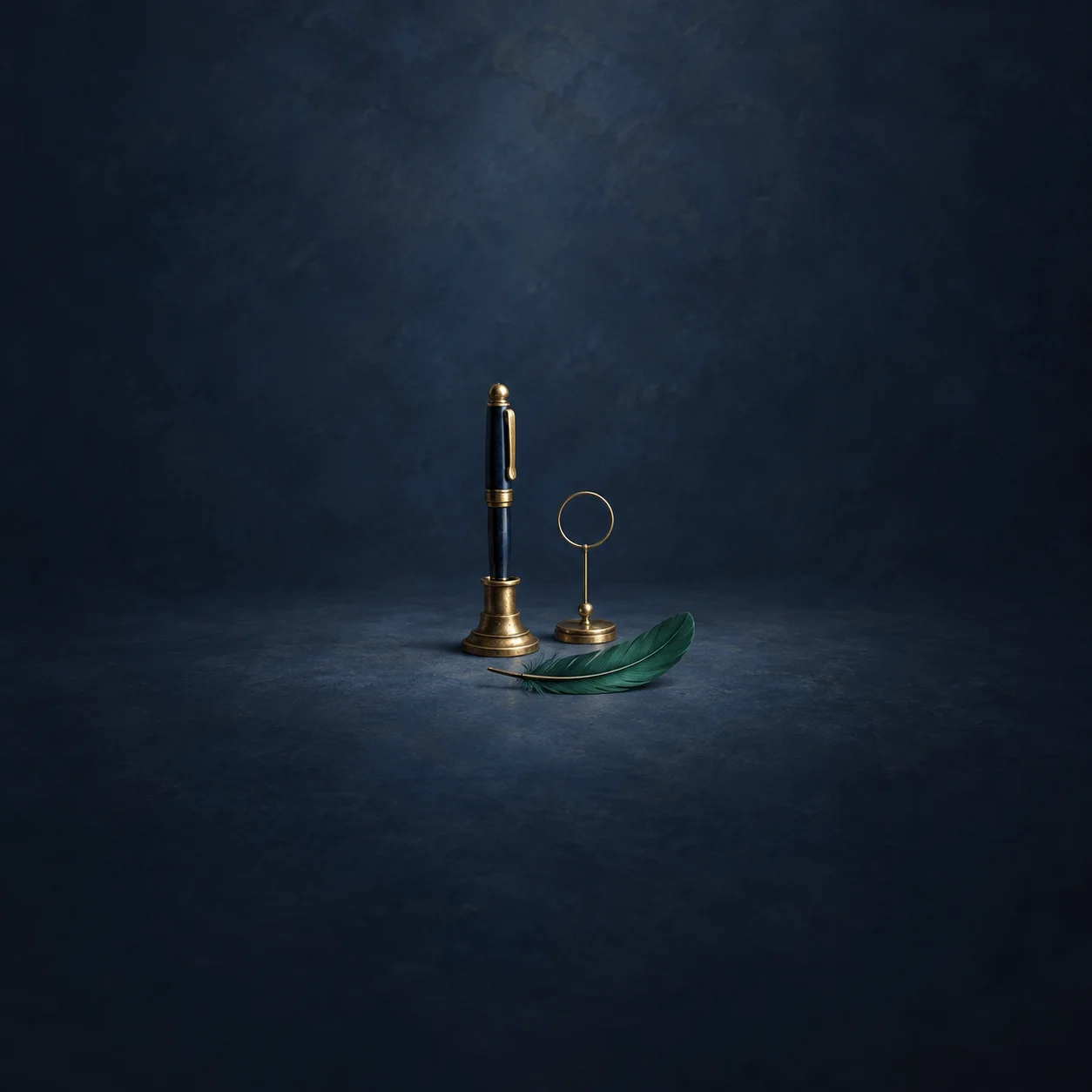 A fountain pen stands in a brass holder beside a small wire ring stand and a green feather.