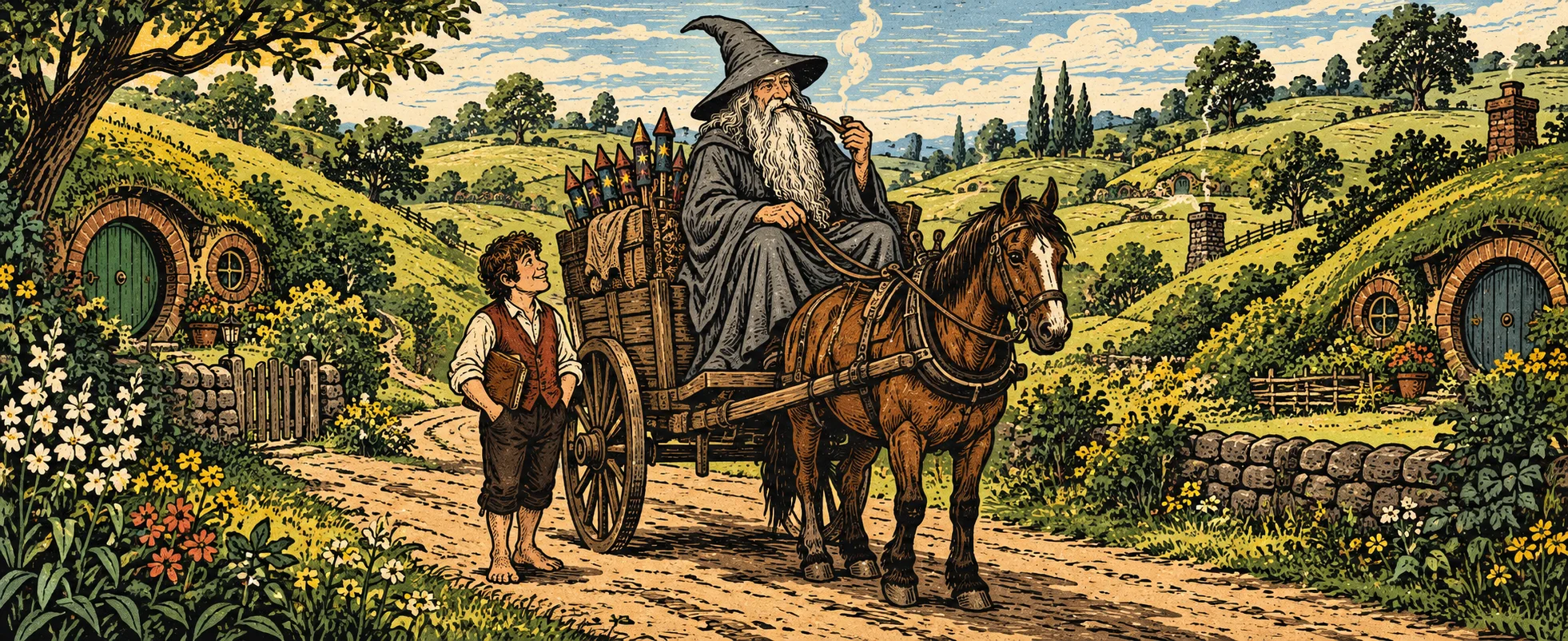 Woodcut-style illustration: a grey-bearded wizard in a pointed hat drives a horse-drawn cart piled with fireworks down a Shire lane, as a young curly-haired hobbit with a book looks up at him beside round hobbit doors.