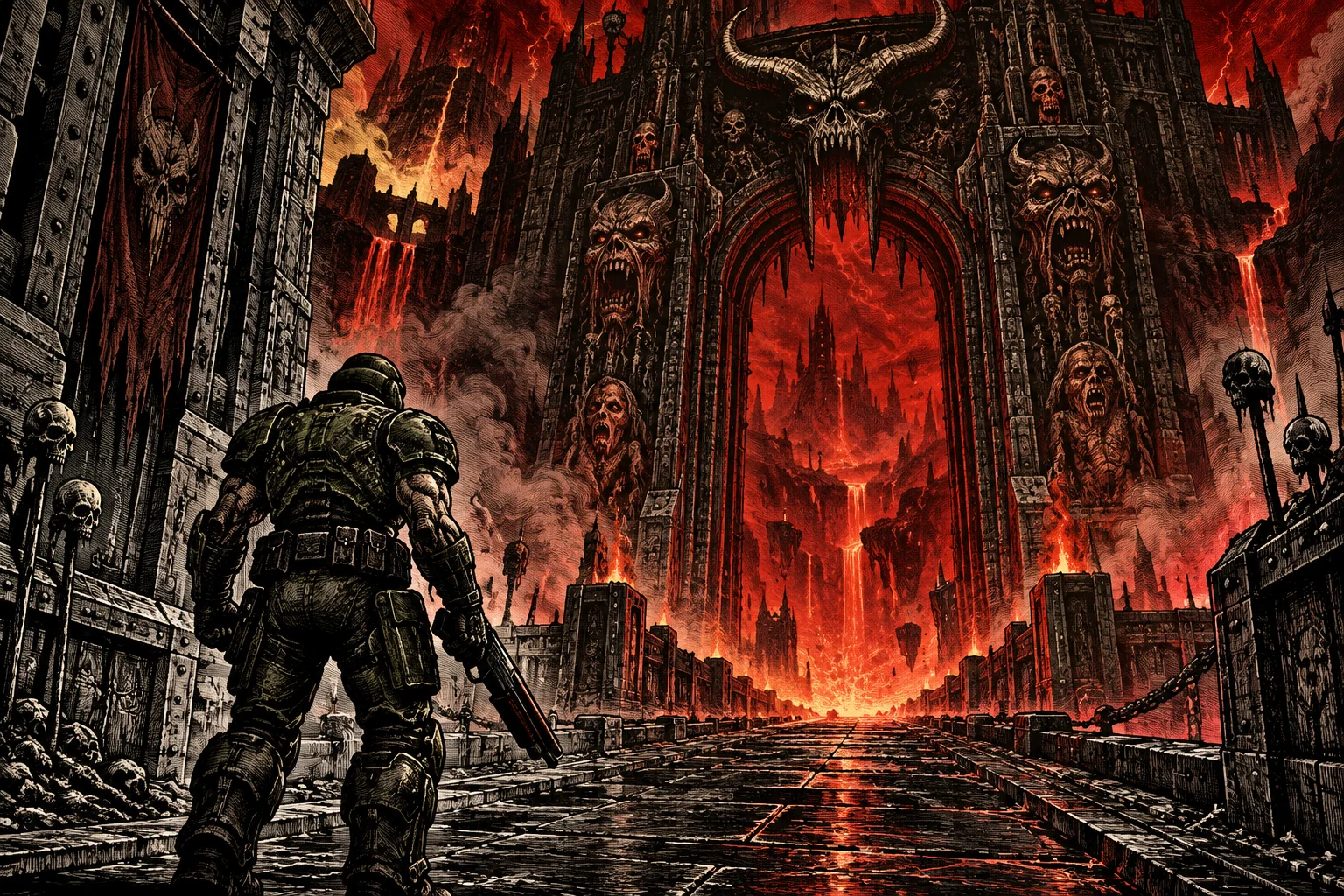 A space marine in green armour, seen from behind with a shotgun, faces a towering gate of hell carved with demonic faces, rivers of lava glowing red beyond it, in a heavy woodcut style.