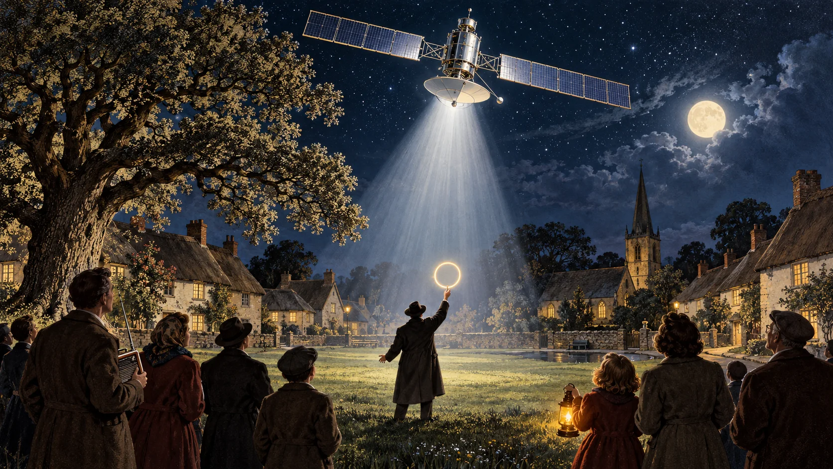 Villagers gather on a moonlit English green as a satellite overhead casts a spotlight beam on a man holding up a glowing ring.