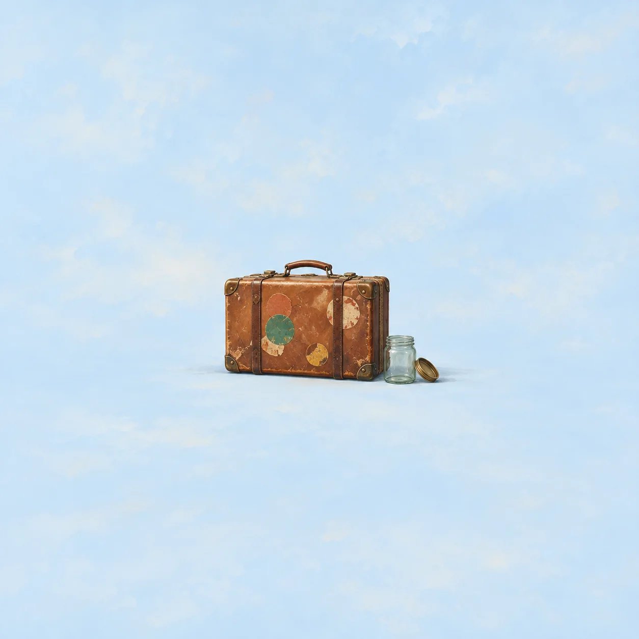 A worn leather suitcase with coloured patches stands beside an open glass jar and its lid.