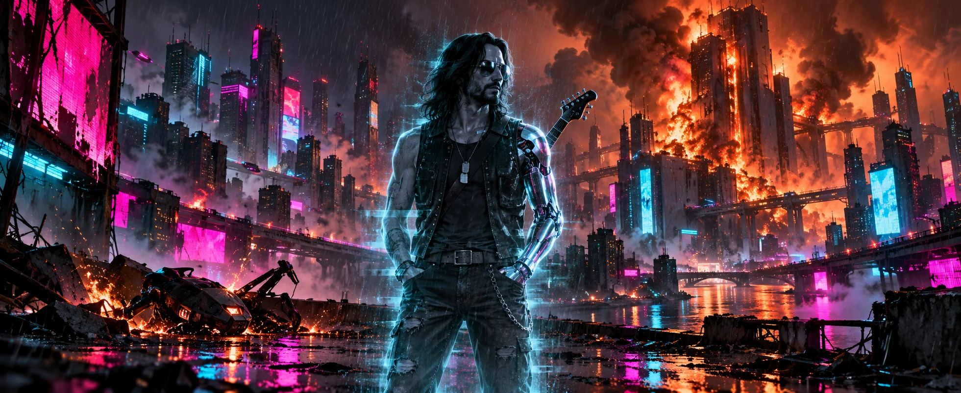 A half-transparent rocker with long dark hair, a leather vest, dog tags and a chrome arm stands before a burning neon megacity at night, edged in cyan glitch light.