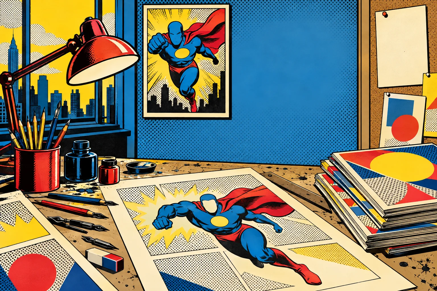 A pop-art comic artist's drawing table with ink pots, pens and a page of a flying caped hero, a superhero poster on the wall above.