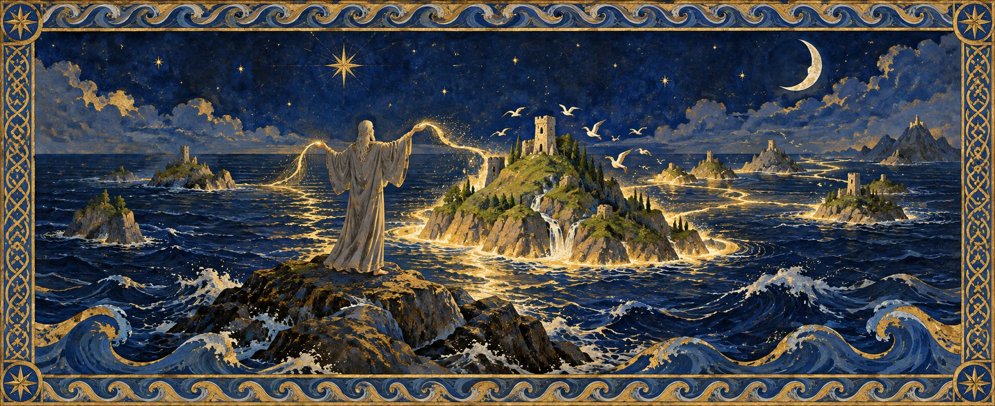 A robed figure on a sea rock raises its arms as lines of light raise islands from a dark ocean under a crescent moon, in an ornate wave border.