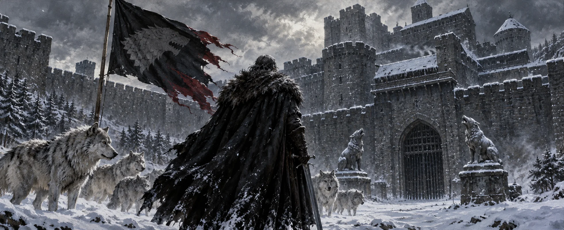 A lord in a dark fur cloak stands before a snowbound grey castle with direwolves at his side and a tattered wolf banner in the wind.