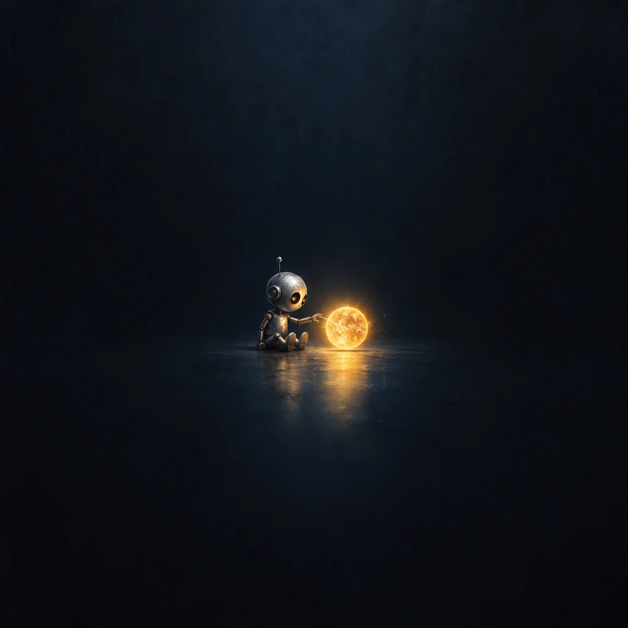 A small silver robot reaches toward a glowing golden miniature sun on a dark blue reflective surface.