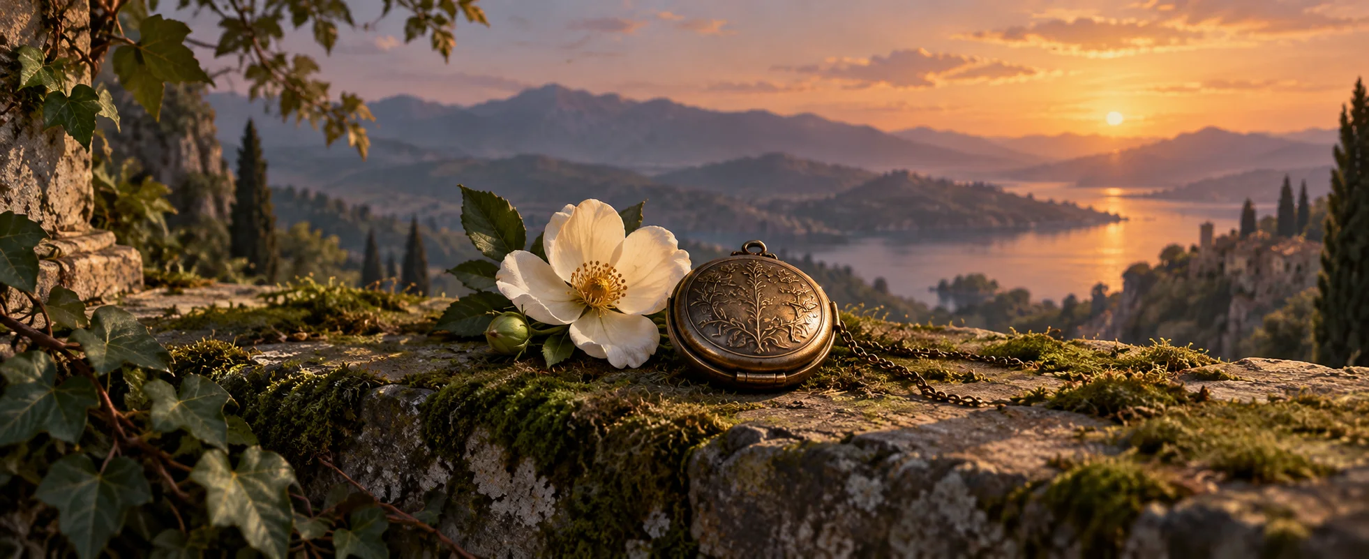 A small ivory flower rests beside a closed bronze locket on a mossy stone ledge.