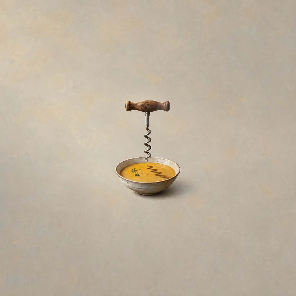 A wooden-handled corkscrew hangs above a shallow bowl of yellow soup, casting a spiral shadow.