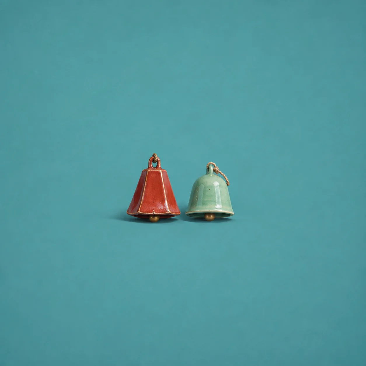 Two small ceramic bells, one angular and red, the other rounded and mint green, on a teal background.