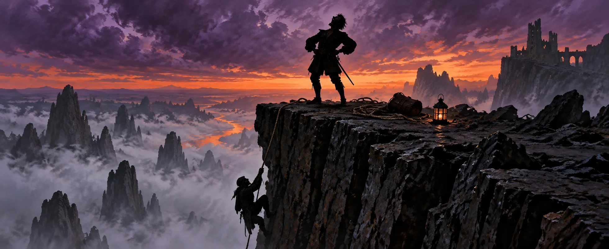 A small figure stands on a dark cliff edge above the mist as a tiny climber clings to the rock face far below.
