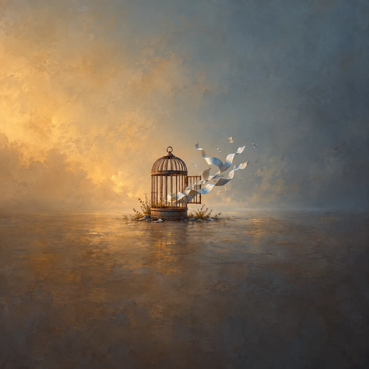 Pale blue paper ribbons stream from an open rusty birdcage in amber and slate light.