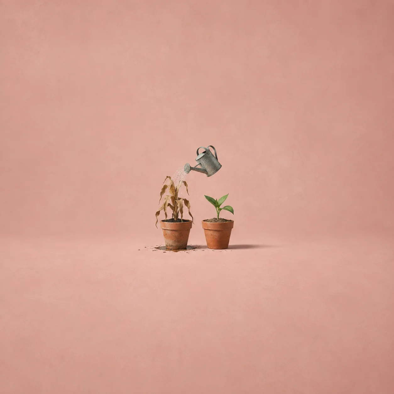 A small watering can pours onto a withered plant beside a green seedling in a separate terracotta pot.