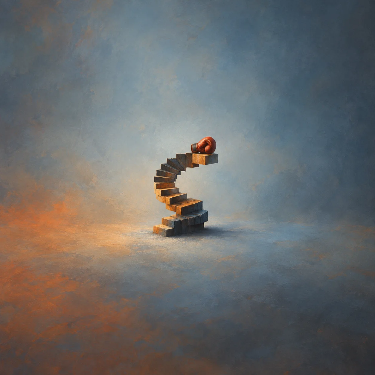 A small spiral staircase of wooden blocks with a red boxing glove resting on the top step.