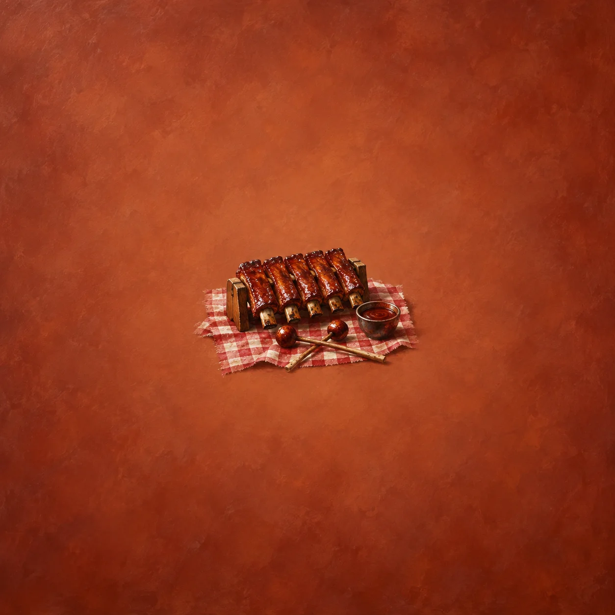 Painterly glazed ribs arranged on a red checked cloth beside barbecue sauce and utensils.
