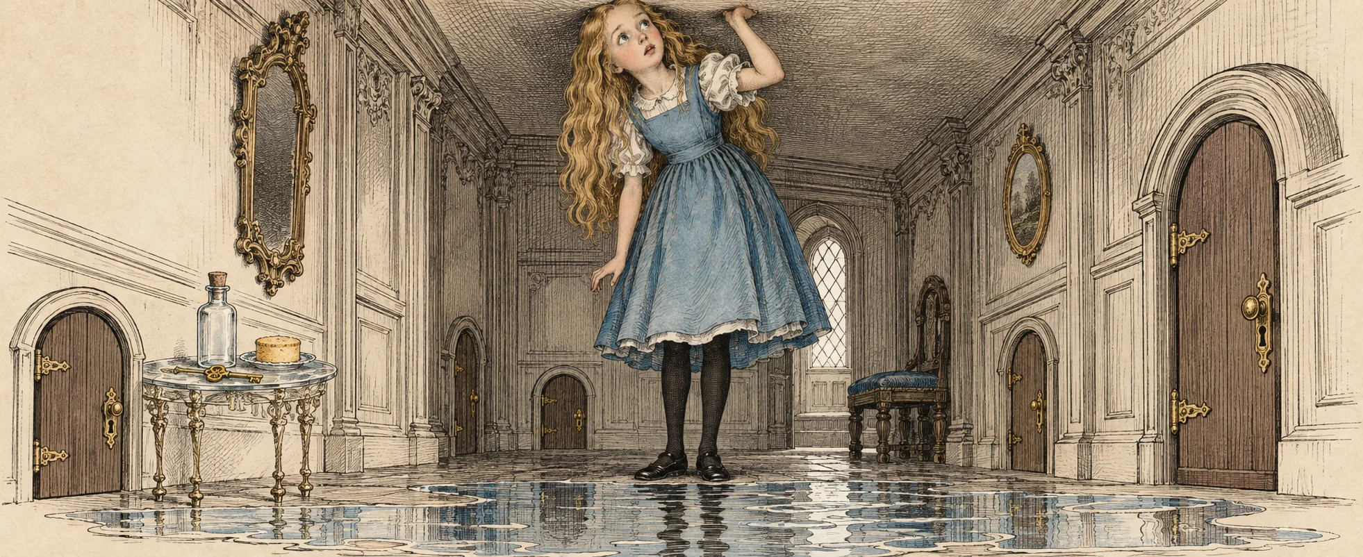 A girl with long fair hair in a blue pinafore has grown so tall her head touches the ceiling of a hall of little doors, a tiny key on a glass table.