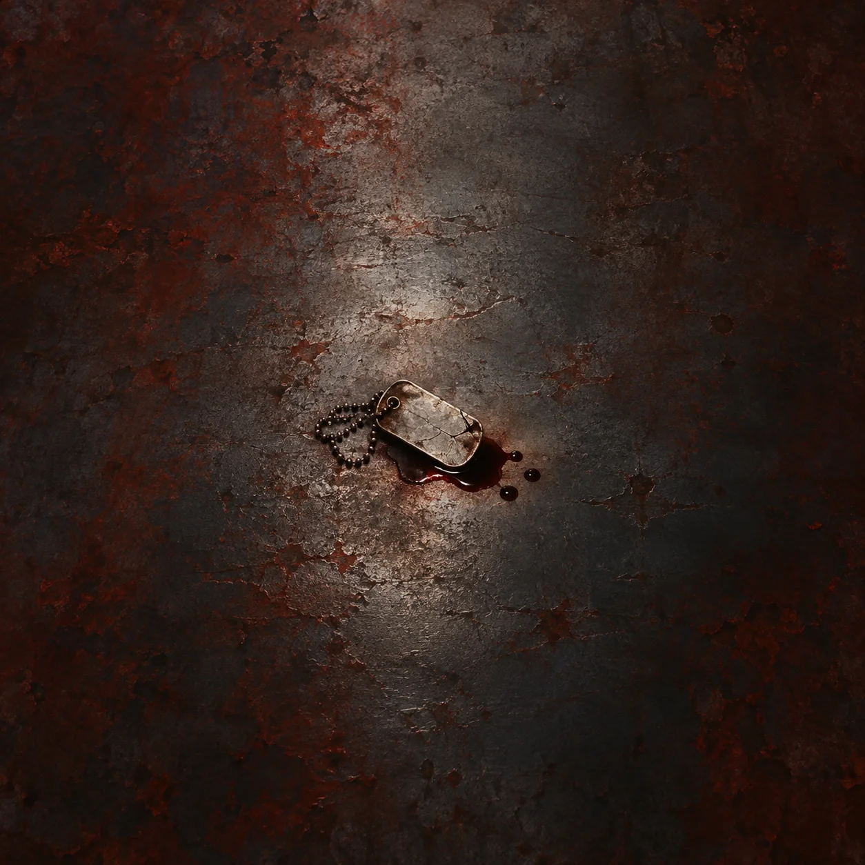 Painterly cracked metal dog tag and chain beside dark ink drops on rusty steel.