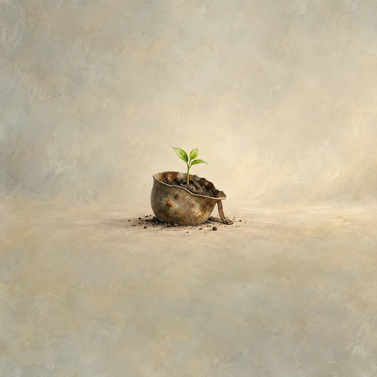 Painterly green seedling growing in soil inside a rusted metal helmet.