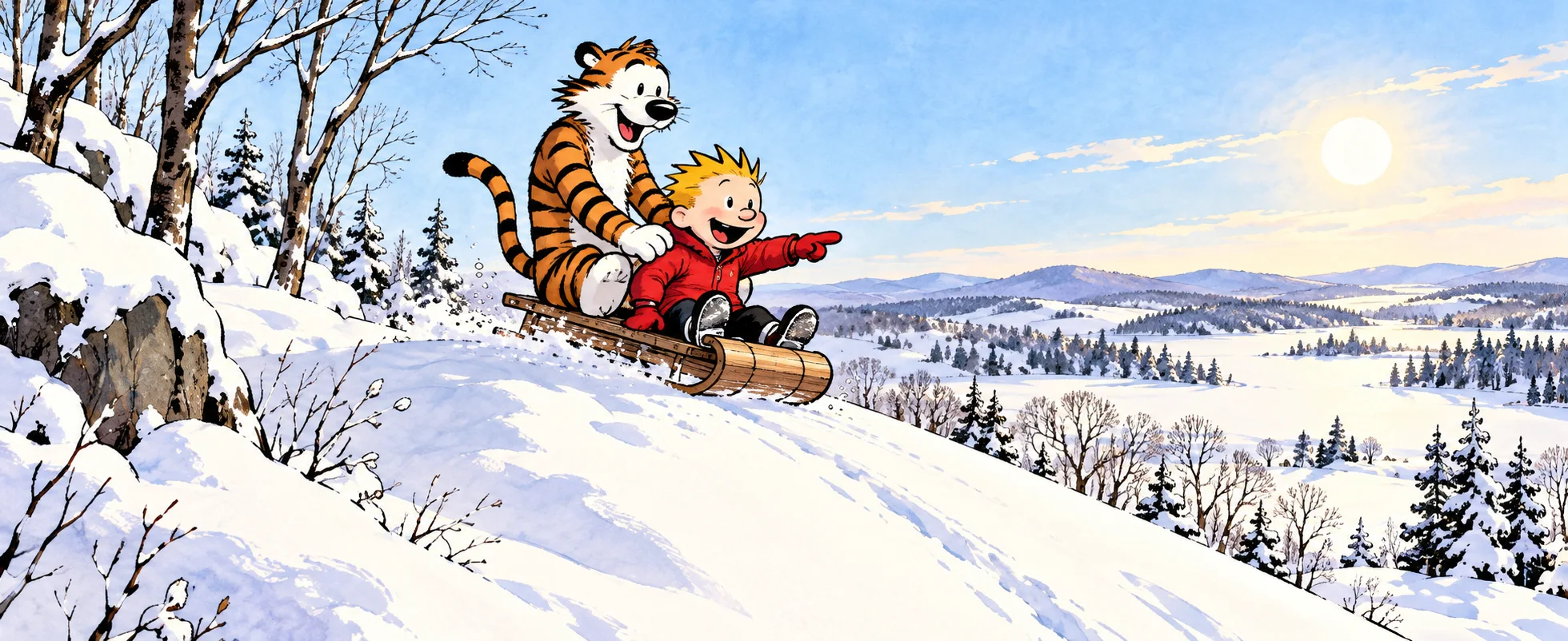 Comic-strip illustration: a spiky-haired boy in a red coat and a grinning orange tiger with black stripes ride a toboggan over the crest of a snowy hill into a bright, fresh white landscape.