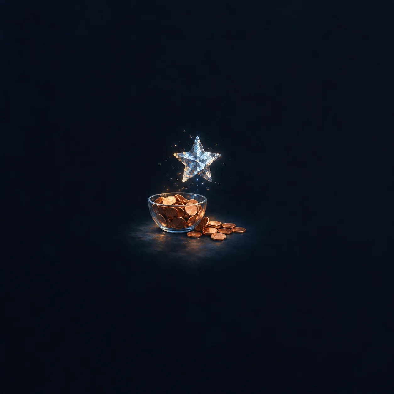 A sparkling silver-blue star floats above a glass bowl of copper-coloured coins, with more coins scattered on the dark surface.