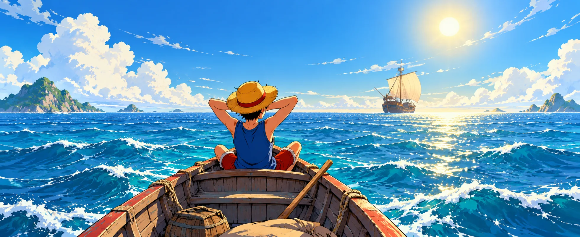 A boy in a straw hat lies back in a small rowing boat on a bright blue sea, a ship on the horizon.