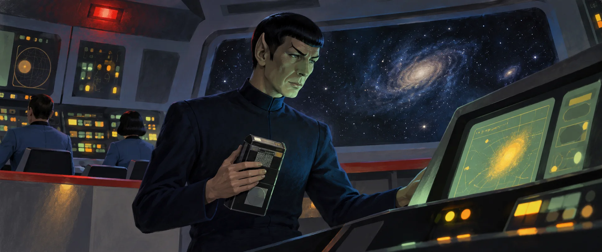 A pointy-eared officer in a dark blue tunic studies a glowing instrument screen at a starship science station, a tricorder in his hand.