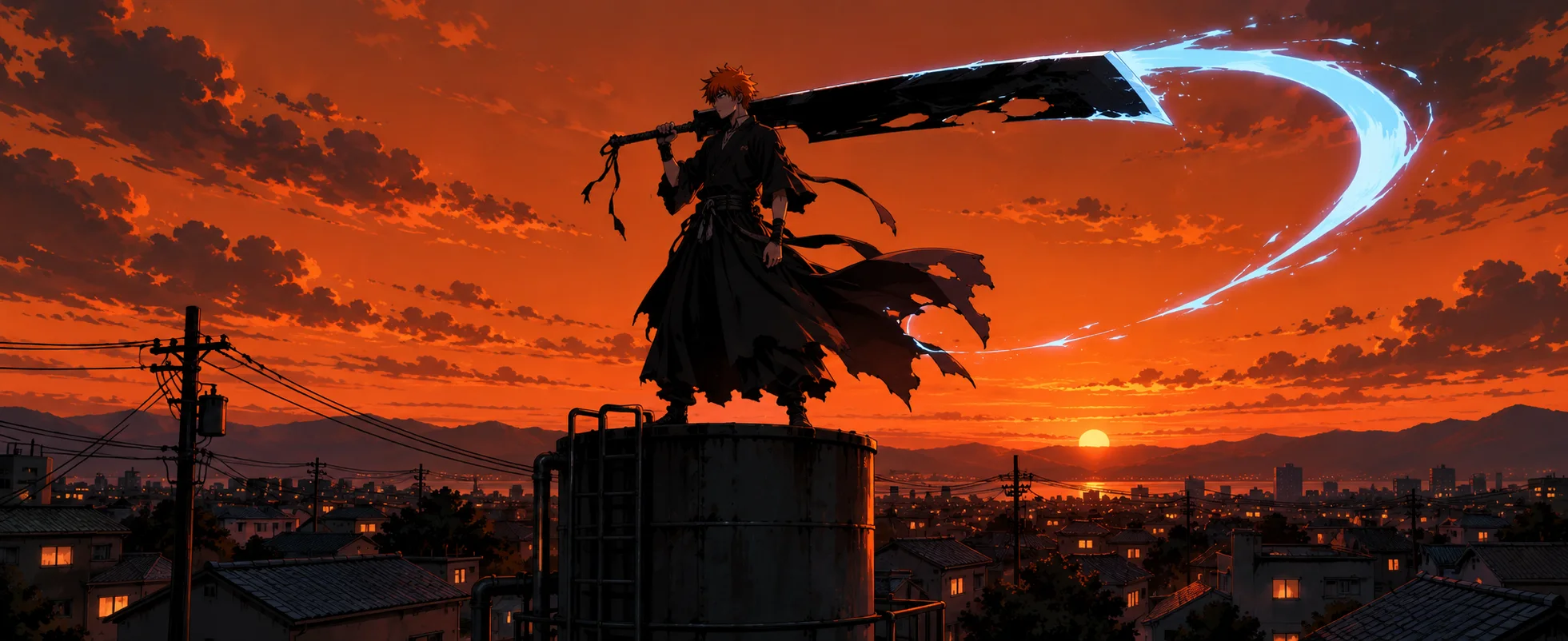 A silhouetted swordsman with a huge cleaver-shaped blade stands on a rooftop water tank at sunset, a crescent of blue light behind him.