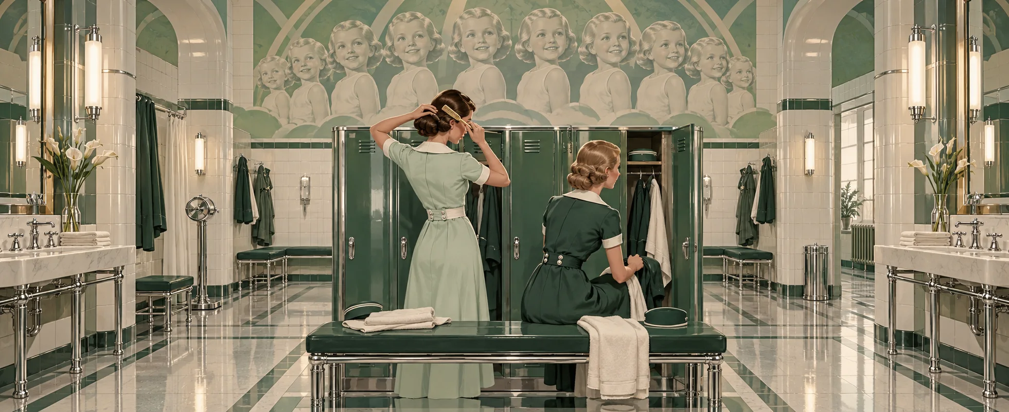 Two young women in green uniforms chat at their lockers in an art-deco changing room under a mural of identical smiling children.