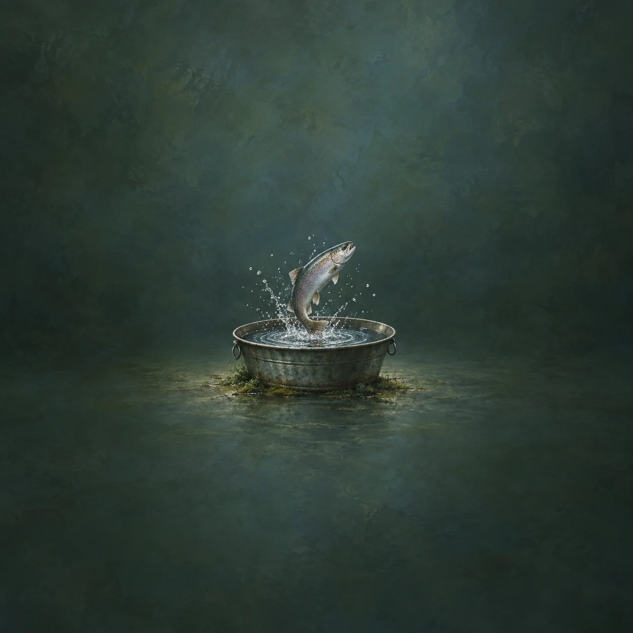 A silver fish leaps from a shallow metal basin, scattering water against dark green.