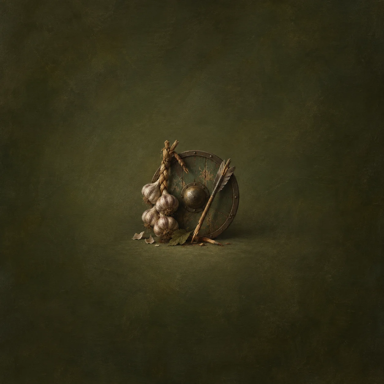 A string of garlic and a broken arrow lean against a round wooden shield on dark olive ground.