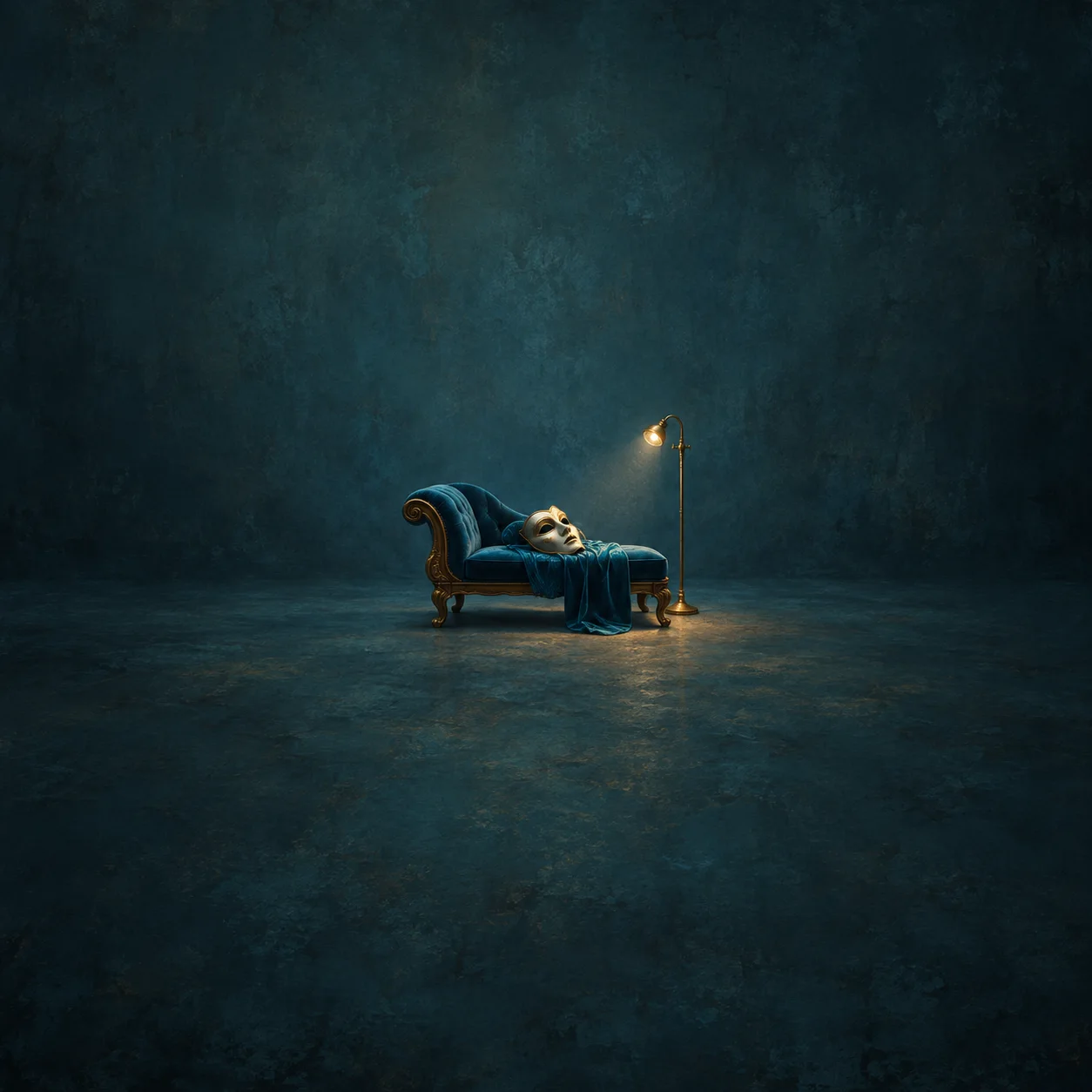 A tiny blue velvet chaise with a theatrical mask lying on it under a small stage bulb.