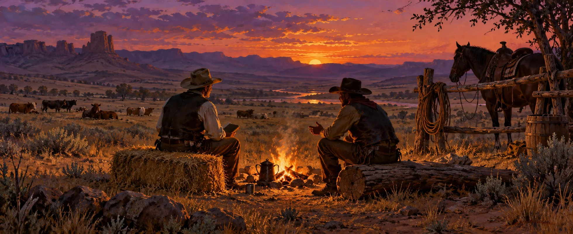 At dusk on a dry prairie trail, two city men in new cowboy hats sit by a campfire on a hay bale and a log, talking, horses tethered nearby and cattle grazing in the distance.