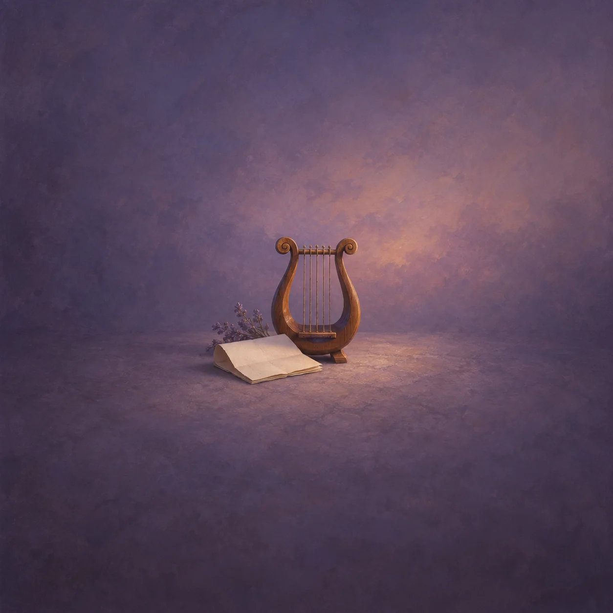 A small wooden lyre stands beside an open blank book and dried flowers against a twilight-purple background.