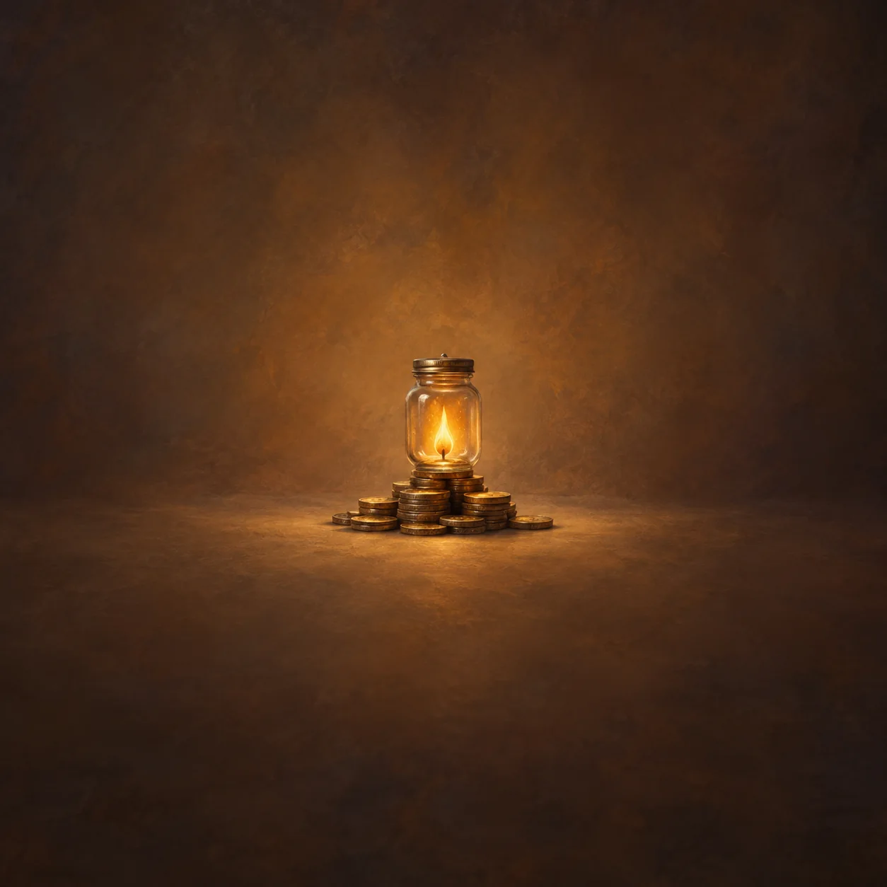 A small flame burns inside a glass jar surrounded by stacks of gold coins in warm amber light.