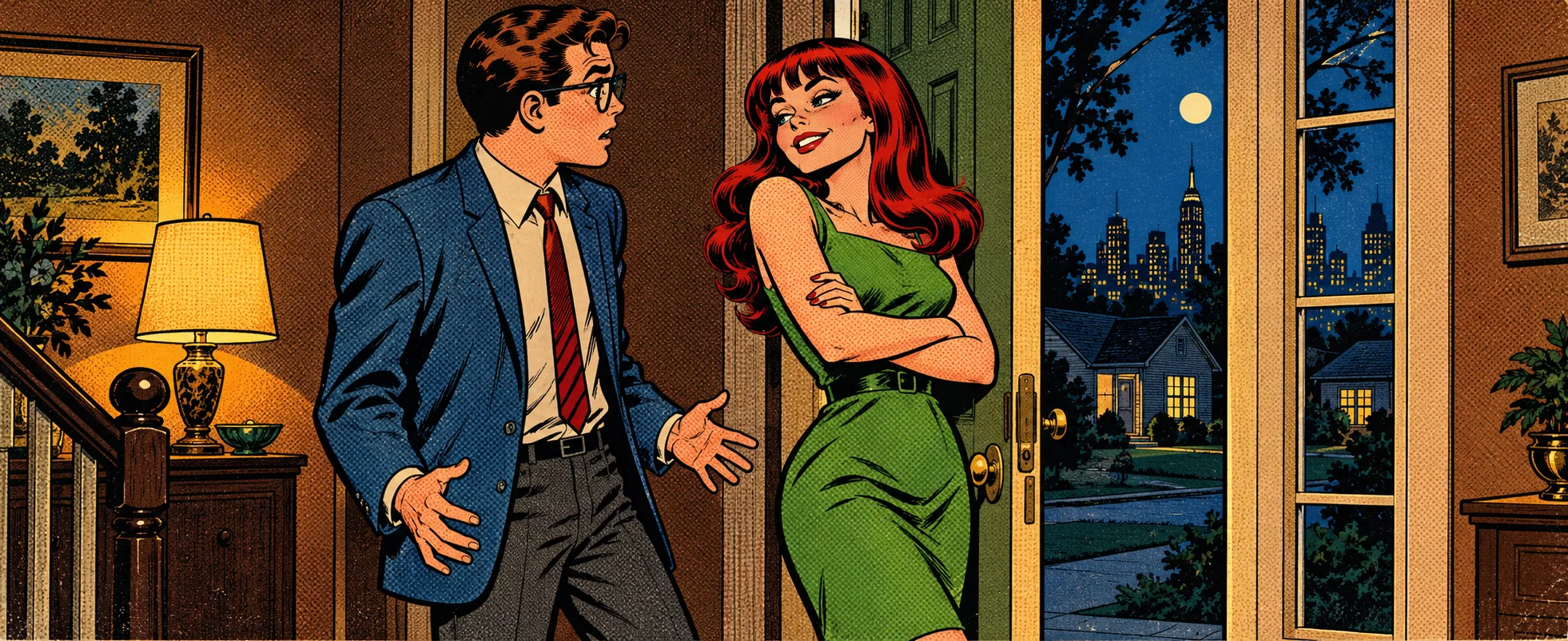Silver Age comic illustration: a glamorous red-haired young woman in a green dress stands grinning in a front doorway, arms folded, as a stunned young man in glasses, jacket and tie gestures inside.