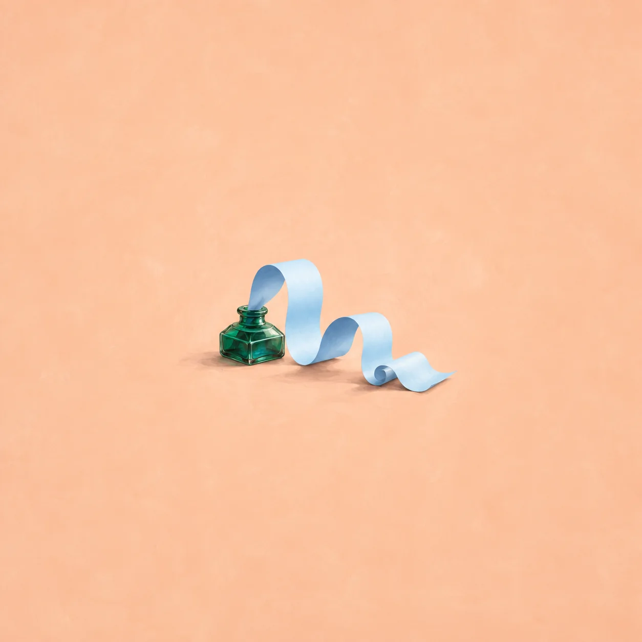 A long ribbon of blank blue paper curling out of a green glass inkwell.