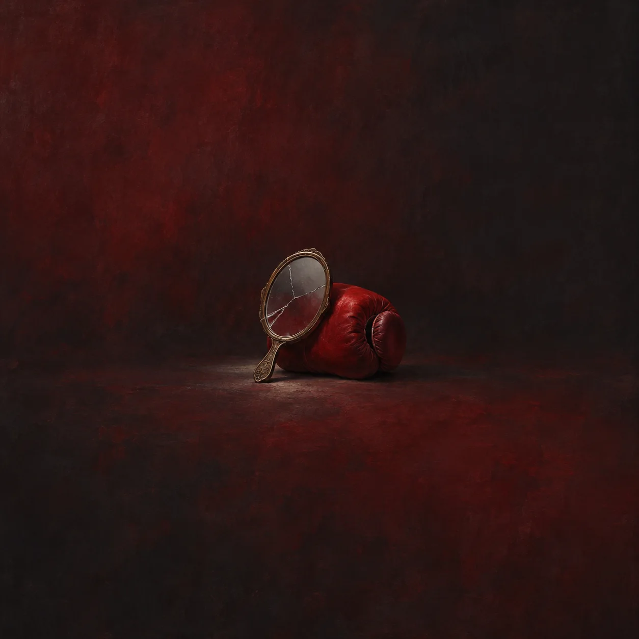 A cracked hand mirror leans against a red boxing glove on dark cloth.
